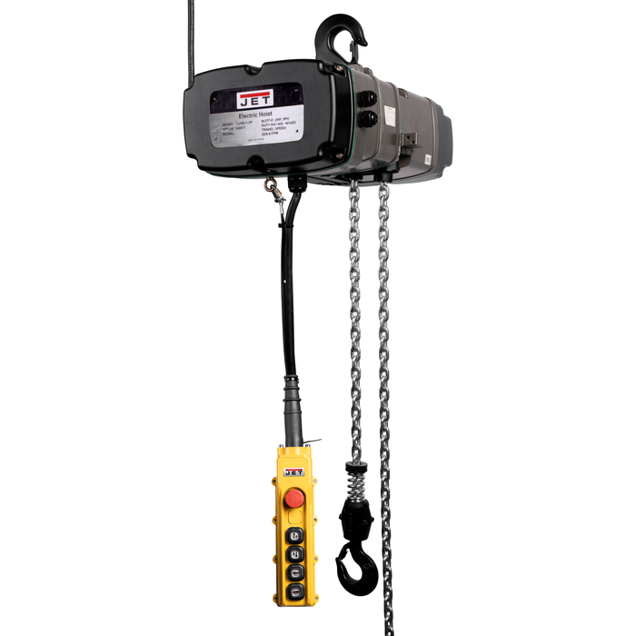 JET TS500-460-020,5-Ton Two Speed Electric Chain Hoist 3-Phase 20' Lift, MT500-4 Electric 2 Speed Trolley 3PH, and 4 Button Wired Pendant 16ft-JT9-144015K