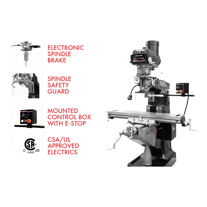 JET ETM-949 Mill with 3-Axis ACU-RITE 203 (Quill) DRO and X-Axis JET Powerfeed and USA Made Air Draw Bar-JT9-894118